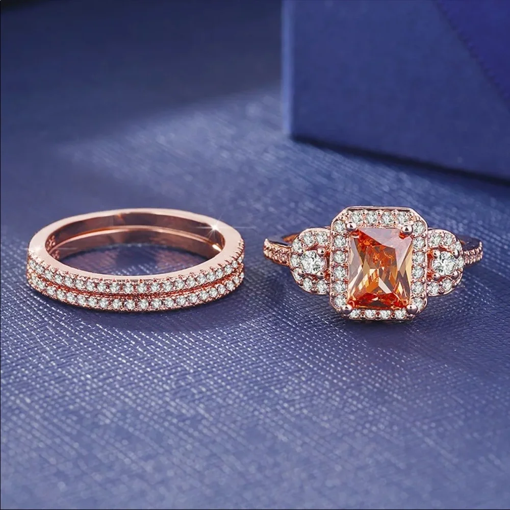 New Women’s Set Rose Gold Plated Zircon Ring - Picture 3 of 4